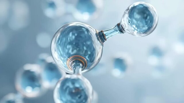 Glass molecular structure representing science, chemistry, and research on a light blue background