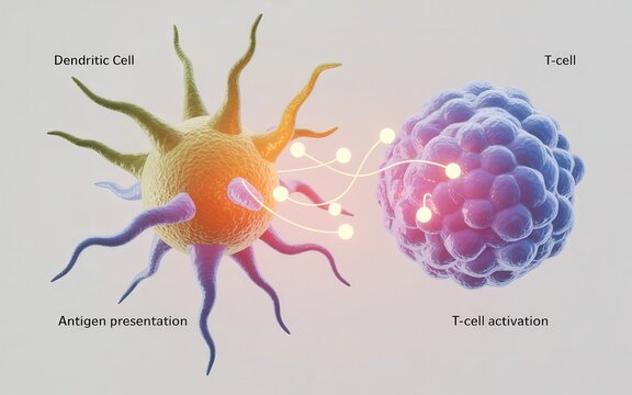 Dendritic cell presenting antigens to activate T-cell, illustrating immune response mechanism in the human body