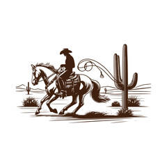 Cowboy riding horse through desert landscape with cactus