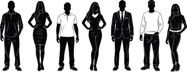 Fototapeta premium Black People Silhouette Vector Set Featuring Various Men and Women in Casual and Professional Outfits Isolated Illustrations for Business Fashion and Lifestyle Design