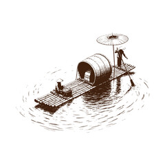 Vintage illustration of people on a floating platform with barrel