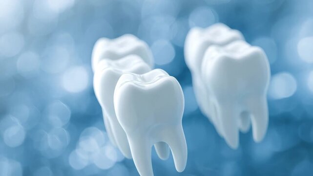 White teeth models aligned against a bright blue bokeh background, representing oral hygiene