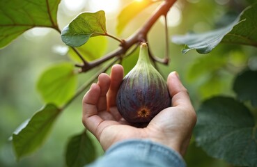 Obraz premium Hand picks ripe purple fig from a tree branch under warm sunlight. Fresh fruit harvest in a garden. Healthy organic food, nature bounty, summer season.