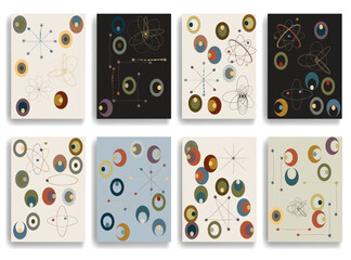 Vintage modern atomic brochures , inspired by1950s and 1960s atomic age design, featuring abstract geometric shapes and orbit motifs, vector design. © miloje