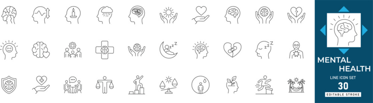 Mental health icon set featuring psychology, mindfulness, therapy, wellness, brain, stress, support, depression, emotion, balance editable vector set.
