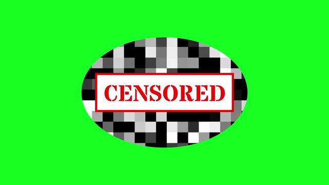 Oval Pixelated Mosaic Censored Sign with Red Stencil Text on Green Screen