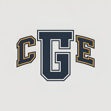 A vector illustration of the CGE logo in an athletic or collegiate style with bold, dark blue uppercase letters and a gold yellow outline on a white background. This design is suitable for apparel, me