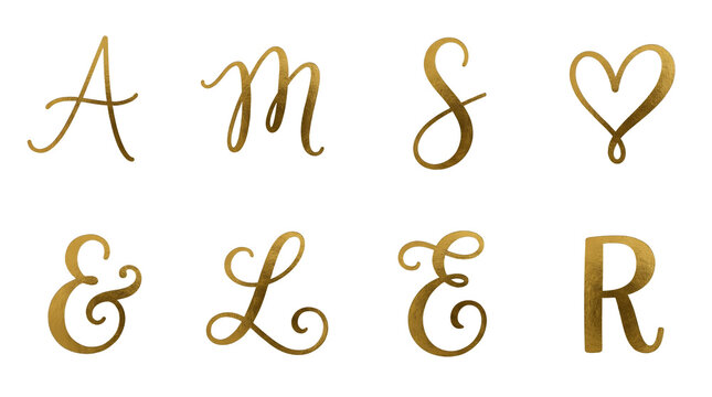 Gold foil script letters and symbols set including A, m, S, L, E, R, heart, and ampersand isolated. Elegant calligraphy for wedding invitations and monogram design.
