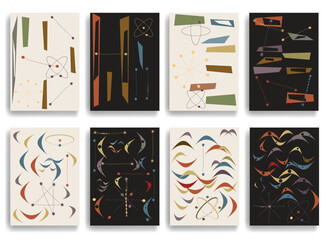 Vintage modern atomic brochures , inspired by1950s and 1960s atomic age design, featuring abstract geometric shapes and orbit motifs, vector design. © miloje