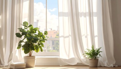 Bright Interior with Plants and Sunlight Through Sheer Curtains.