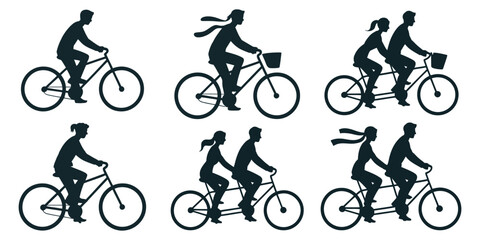 Obraz premium Set of bicycle rider silhouettes. Vector black icons of man, woman and couples riding tandem bikes isolated on white background.