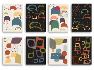 Vintage modern atomic brochures , inspired by1950s and 1960s atomic age design, featuring abstract geometric shapes and orbit motifs, vector design. © miloje
