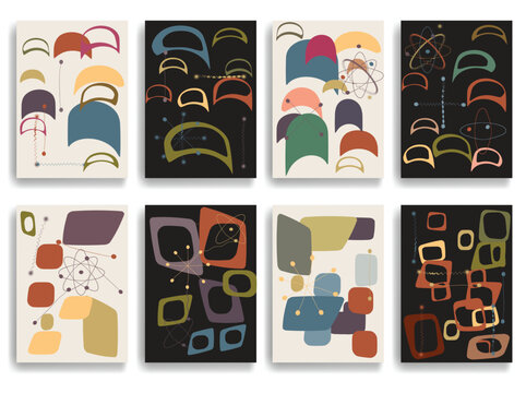Vintage modern atomic brochures , inspired by1950s and 1960s atomic age design, featuring abstract geometric shapes and orbit motifs, vector design.