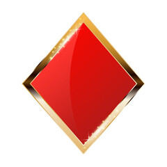 Red diamond suit playing card symbol with gold elements. Gambling vector illustration