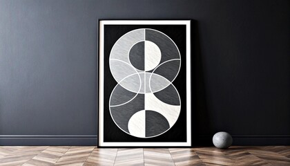 A modern geometric black and white framed artwork with concentric circles and ovals, displayed on a parquet wooden floor against a dark gray wall.