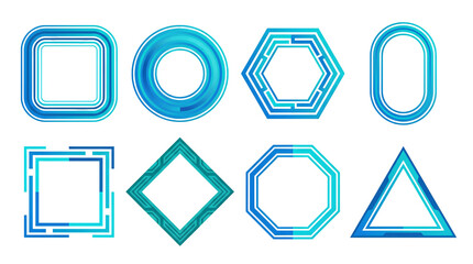 Blue glowing geometric tech frames set including square, circle, hexagon, oval, diamond, and triangle shapes isolated. Digital user interface and cyber border collection.