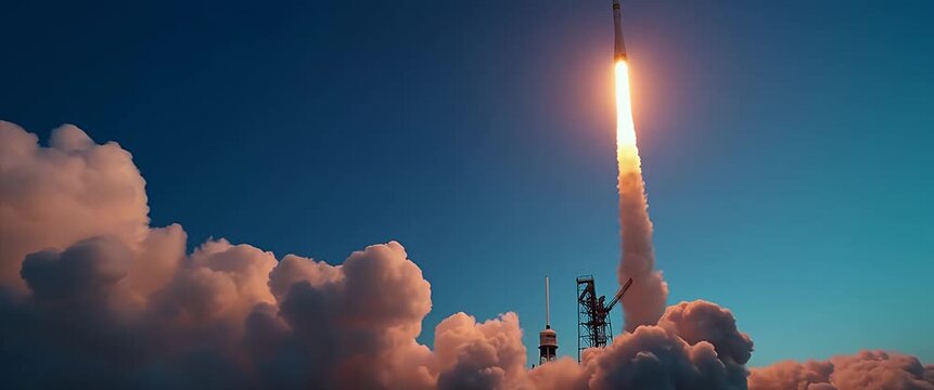 Rocket launches into a clear sky, emitting powerful flames and smoke, as the camera slowly pans to capture the dramatic ascent; cinematic, awe-inspiring, space exploration.