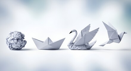 origami transformation from paper to swan and bird, creative concept