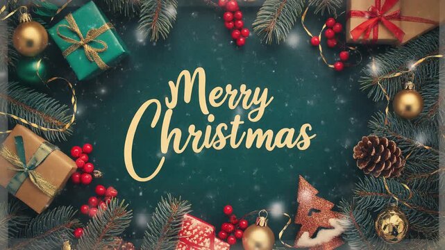 Luxurious Merry Christmas golden script on a dark emerald background surrounded by gifts pine branches vintage gold ornaments red holly berries and snow effect perfect winter holiday greeting card