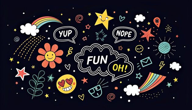 A whimsical digital drawing featuring colorful, playful elements like rainbows, hearts, stars, and a smiling sun, all set against a dark background with the text "YUP NOPE FUN OH!" in speech bubbles.