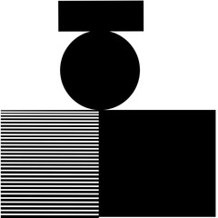 Bold black shapes form a geometric, minimalist composition on a white background, featuring a circle, rectangles, and a striped panel.
