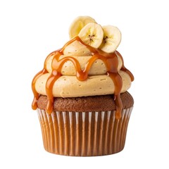 Delicious banana cupcake with caramel drizzle and banana slices