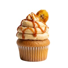 Delicious cupcake with caramel drizzle and banana topping