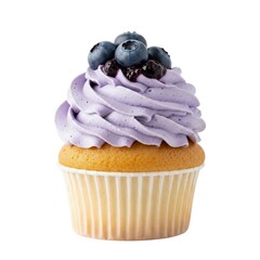 Delicious vanilla cupcake with blueberry frosting and fresh berries on top