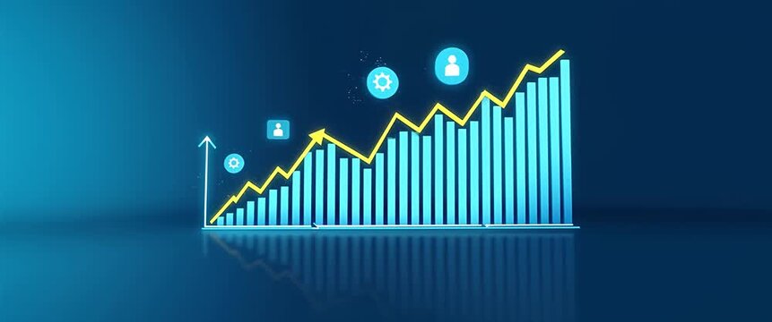 Dynamic financial growth visualization with a digital chart rising, camera panning smoothly across a sleek blue background, evoking a modern, cinematic business analytics style.