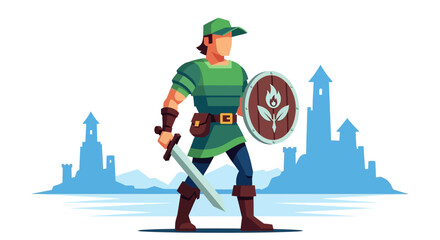 Naklejka premium Medieval warrior standing with sword and shield in a fantasy landscape.