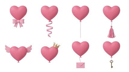 Fototapeta premium Pink heart balloon set including variations with bow curly ribbon tassel wings crown envelope and key isolated. Romantic elements for Valentine's Day and wedding design.