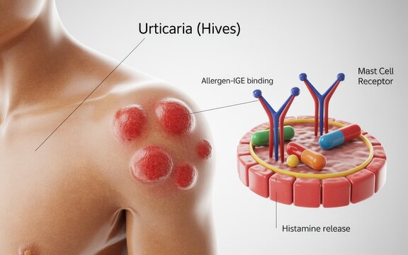 Medical illustration of urticaria on human skin with detailed view of mast cell receptor and histamine release process