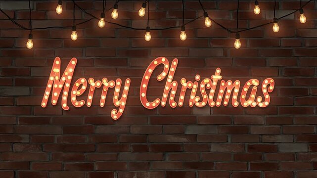 Merry Christmas message marquee light bulb text sign on a rustic brick wall background with glowing string lights celebration banner