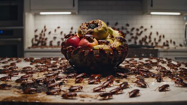 Cockroach infestation swarming over fruit bowl