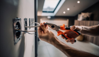 A person using pliers to strip electrical wire for a home renovation project
