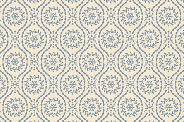Seamless blue folk floral wreath pattern on warm beige background. Hand drawn rustic ornament with round flower wreaths and branches, elegant vintage repeat for textile, wallpaper, wrapping paper,
