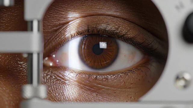 A detailed close-up shot of a patients brown eye undergoing a professional ophthalmological examination using specialized medical equipment in a clinic, highlighting vision care and diagnostic proced.