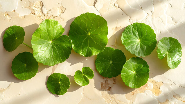 Fresh Centella Asiatica leaves on textured stone background