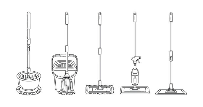 Line drawing of various mops and cleaning tools for efficient floor care