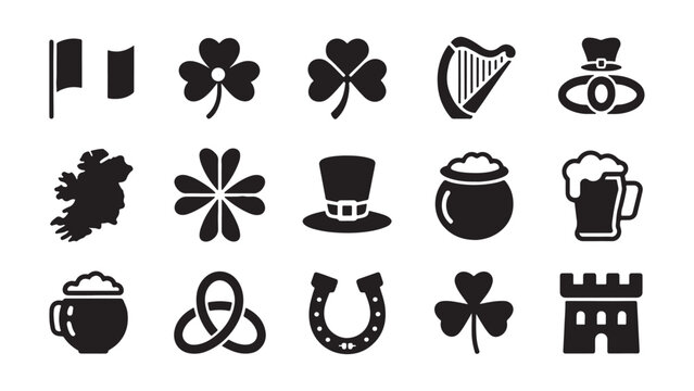  Ireland culture icon set with shamrock, clover, harp, and Celtic symbols featuring traditional Irish heritage elements for Saint Patrick celebration and pub themes