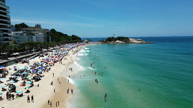 Arpoador Beach In Downtown Rio De Janeiro Rio De Janeiro Brazil. Birds Eye View Of Stunning Cityscape With Streets And Buildings. Coast Horizon Seaside Summertime. Coast Outdoors Panoramic.