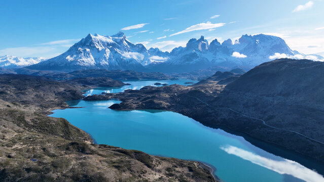 National Park In Torres Del Paine Punta Arenas Chile. Captivating Aerial View Of Plantations Forming Geometric Patterns. Snowy Lake Glacial Snow Mountain. Snowy Forest Trees.