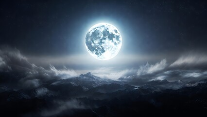 Luminous Celestial Moon: Starry Night Over Snow-Capped Peaks