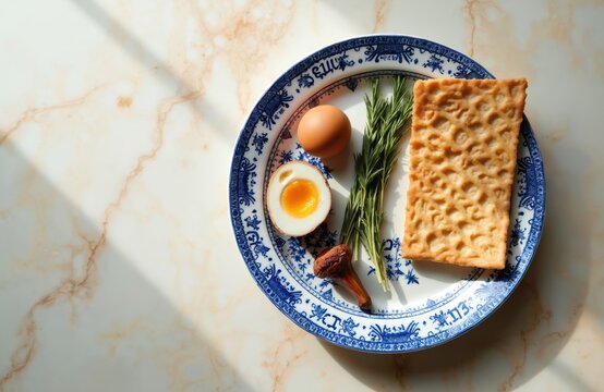 Jewish holiday Pesach seder plate with matzah egg rosemary and horseradish on marble. Traditional symbolic food for Passover meal, copy space, bright light.