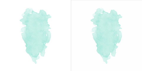 Two light mint green watercolor ink stains isolated on white, abstract background elements for design
