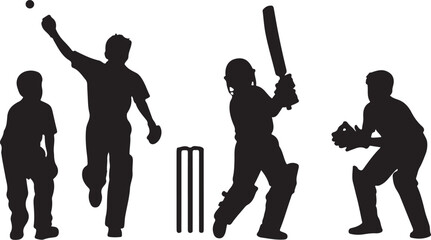 Kids playing Cricket silhouette vector set with batsman wicketkeeper and fielder on white © AB Basir