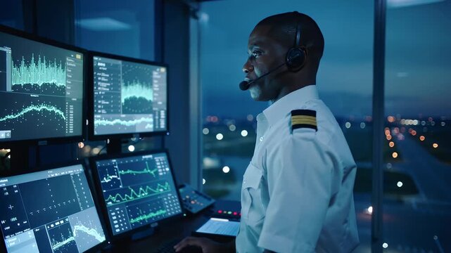 Pilot monitors flight systems at night in busy control room with multiple screens showing data and charts