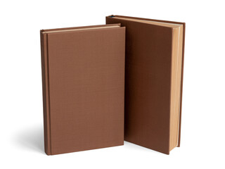 Two plain brown hardcover books standing upright with one open