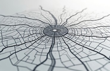 Obraz premium Minimalist illustration of a city map with circular street pattern. Radial roads extend from central hub on clean white background. Abstract urban network graphic for navigation.