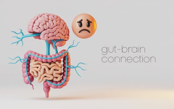 Illustration of human brain and digestive system connection with unhappy emoticon